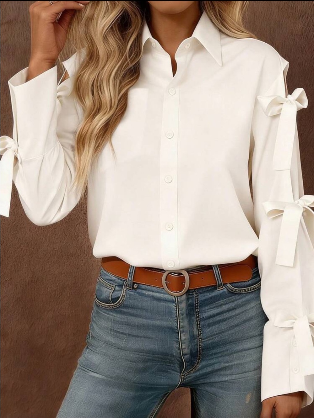 Women's Cream Bow-Tie Sleeve Button-Up Top - Picture 5 of 6